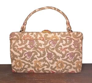 Vintage Crown Lewis Tapestry Purse Cream Floral Top Handle Bag Mid Century MCM